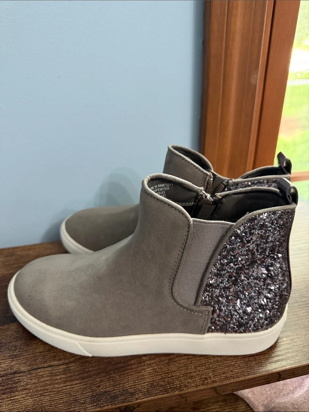 Girls Gray Slip-On Sneaker Boot with Glitter Heel